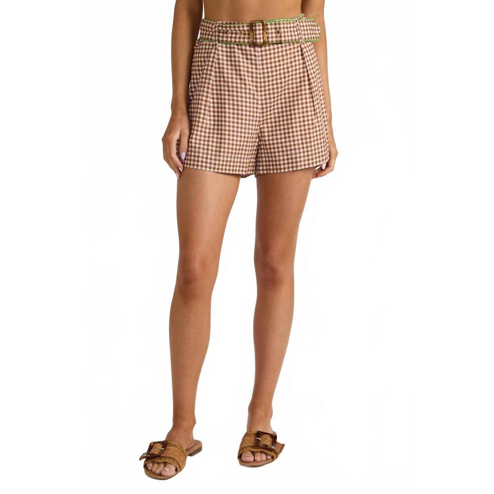 NEW THOMAS & LOURDES maya gingham short in brown/white